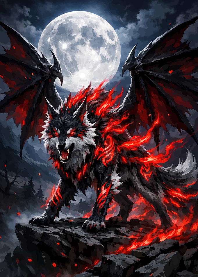 Fiery Winged Wolf Under Full Moon