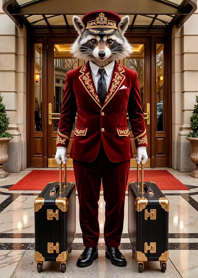 Raccoon Bellhop with Luggage