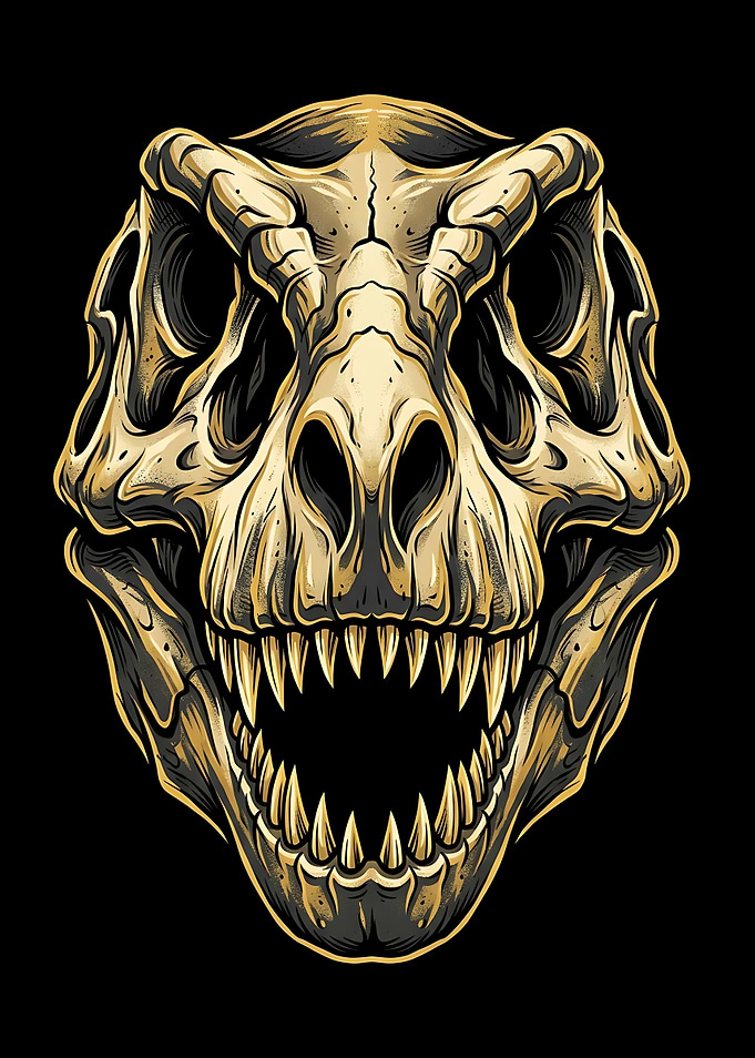 Jurassic T-Rex Skull Gold and Black Wall Art Poster