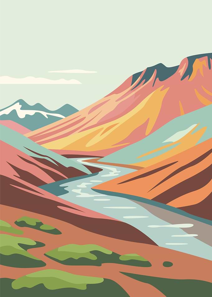Stylized Mountain River Landscape