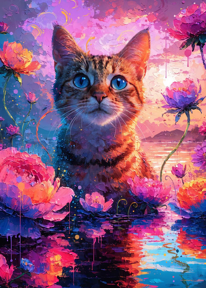 Cat surrounded by vibrant flowers