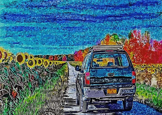 SUV driving through sunflower field