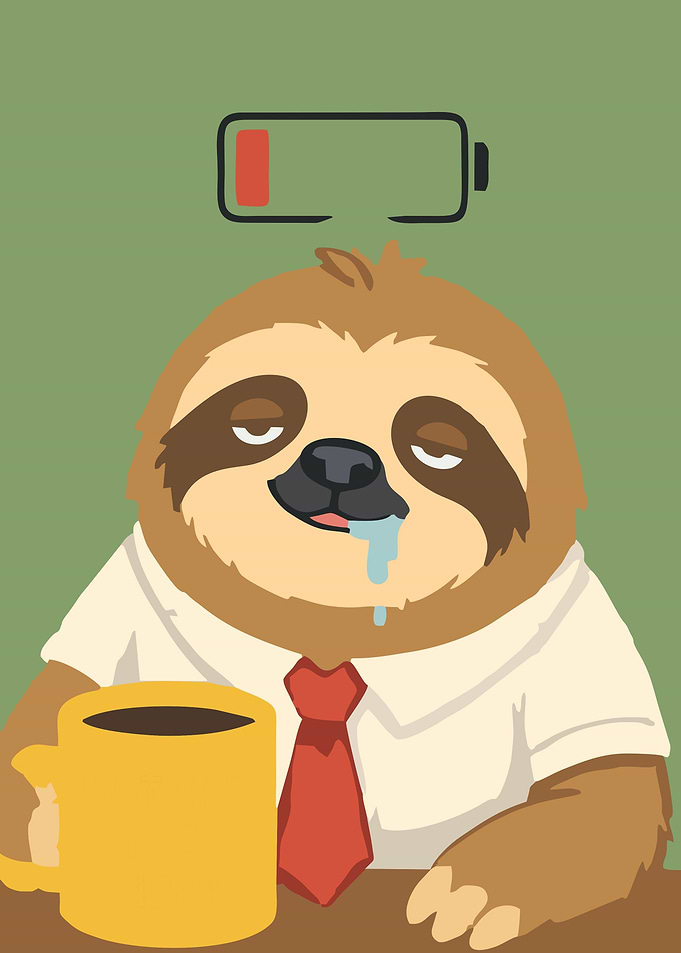 Tired Sloth with Coffee and Low Battery