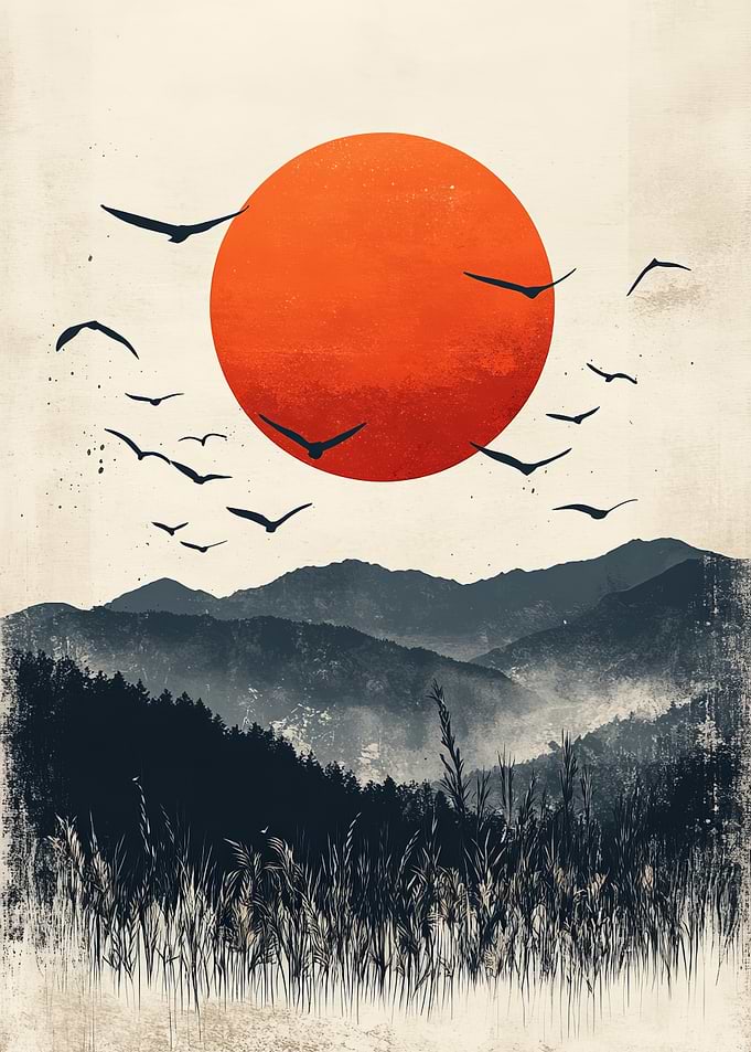 Sunrise over misty mountains with birds
