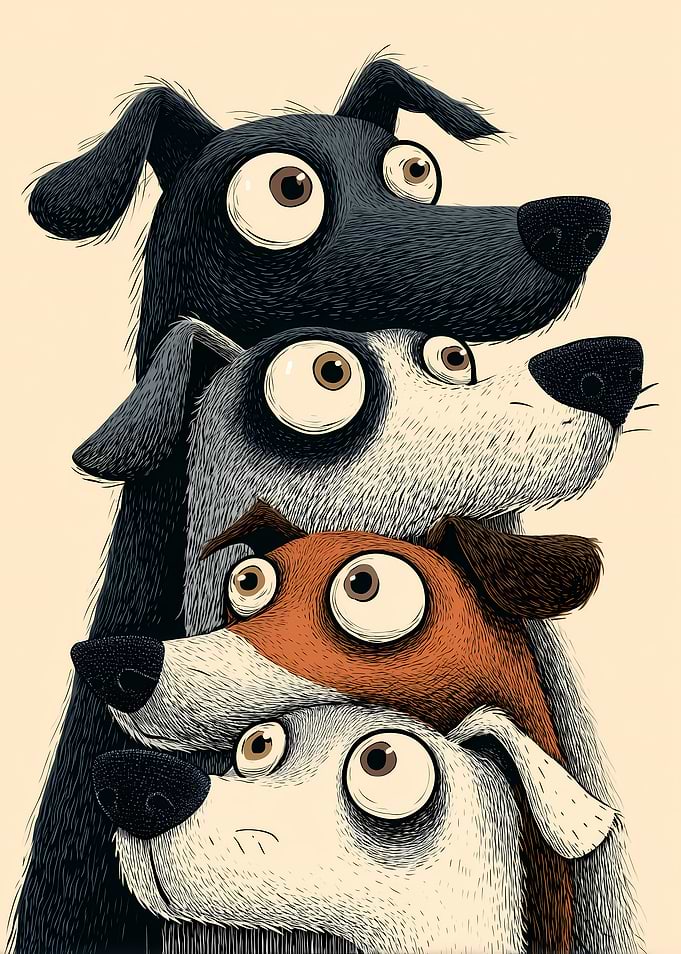 Four Dogs Stacked Looking Up