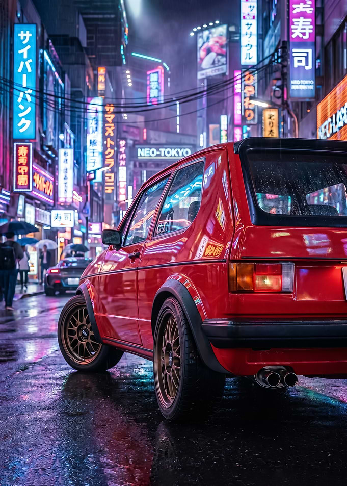 Red classic Neon cyberpunk car in Neon Tokyo poster