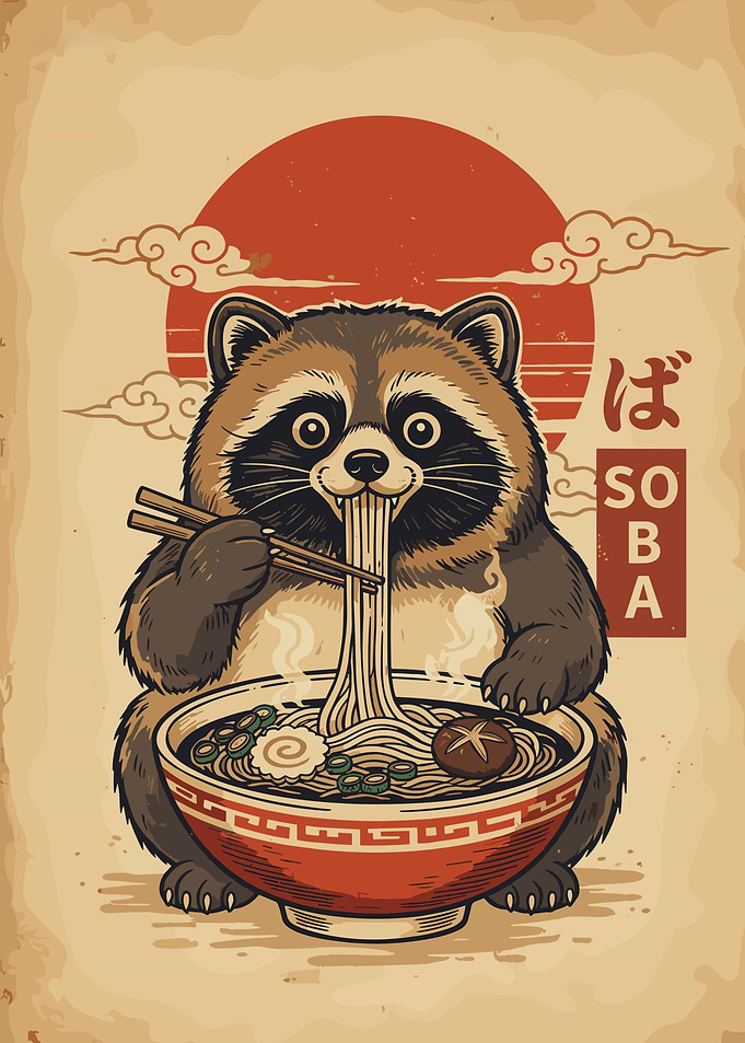 Vintage Japanese Racoon eating Soba