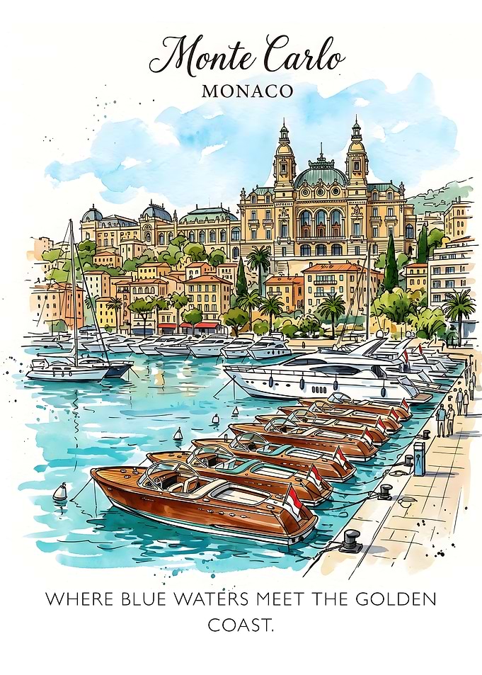 Monte Carlo Monaco: The Golden Coast Watercolor Illustration