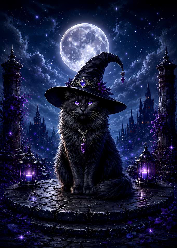 Black Cat Witch in Moonlit Castle