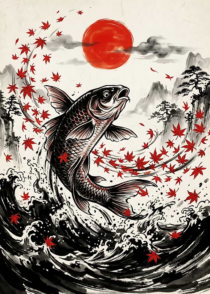 Koi Fish Leaping From Ink Waves — Japanese Ink Art Print, Red Sun & Maple Leaves, Wall Decor