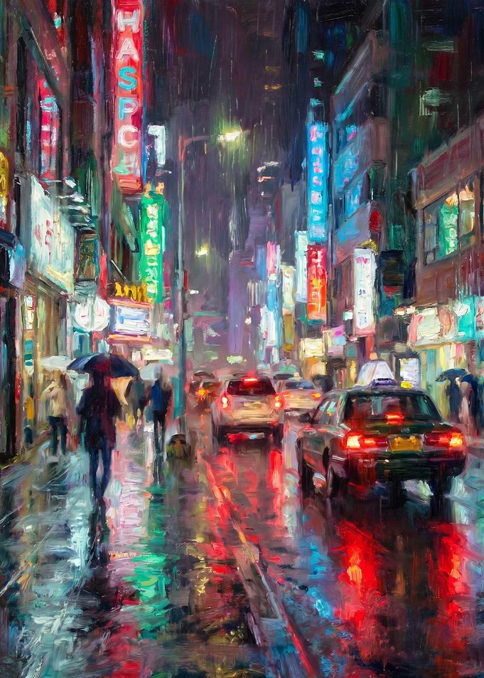 Rainy Night Cityscape with Neon Lights