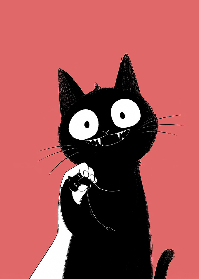 Black Cat with Wide Eyes and Sharp Teeth