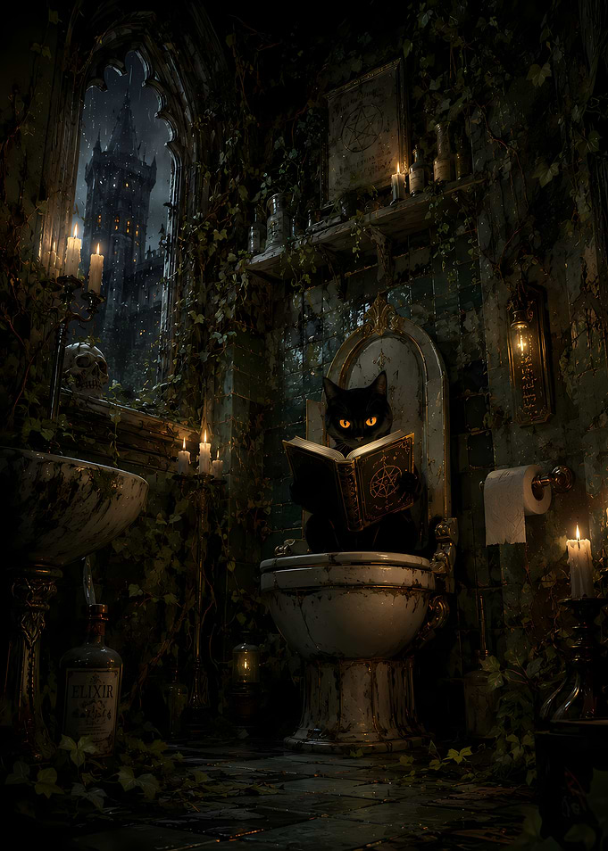 Black Cat Reading Spellbook in Gothic Bathroom