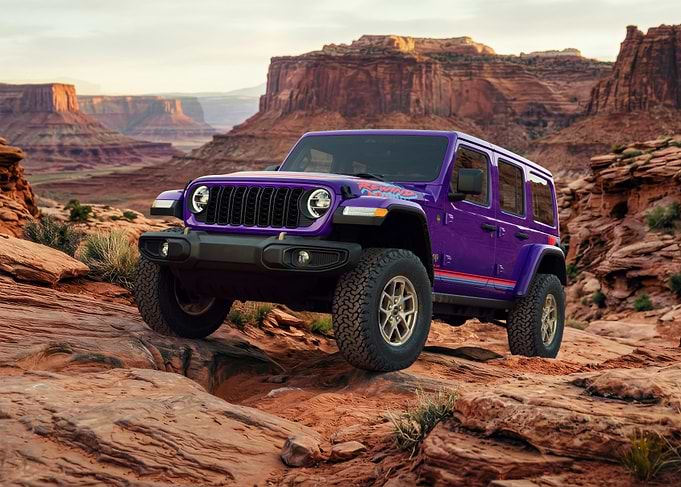 Purple Jeep Wrangler in Desert Landscape