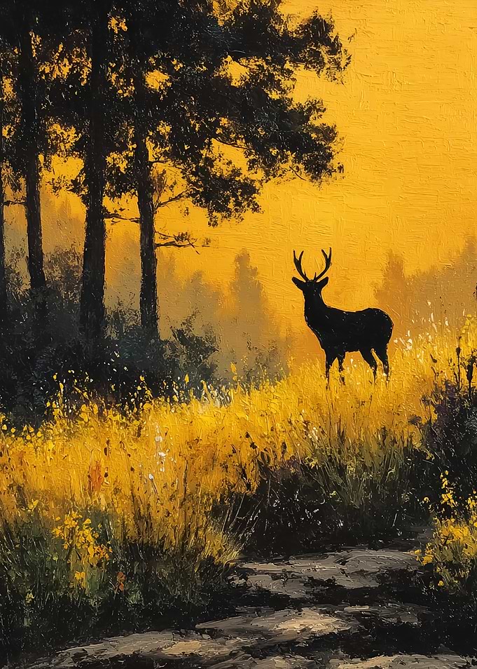 Deer in a golden forest at sunset