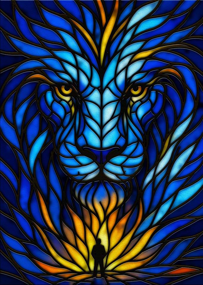 Stained Glass Lion with Silhouette