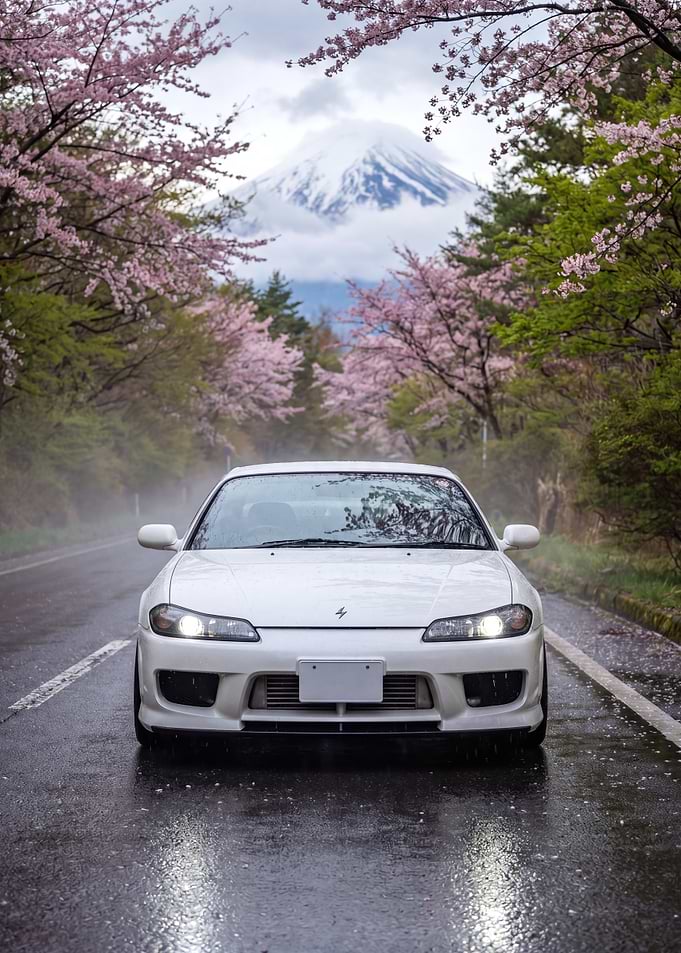 Nissan Silvia S15 Car Under Cherry Blossoms with Mount Fuji