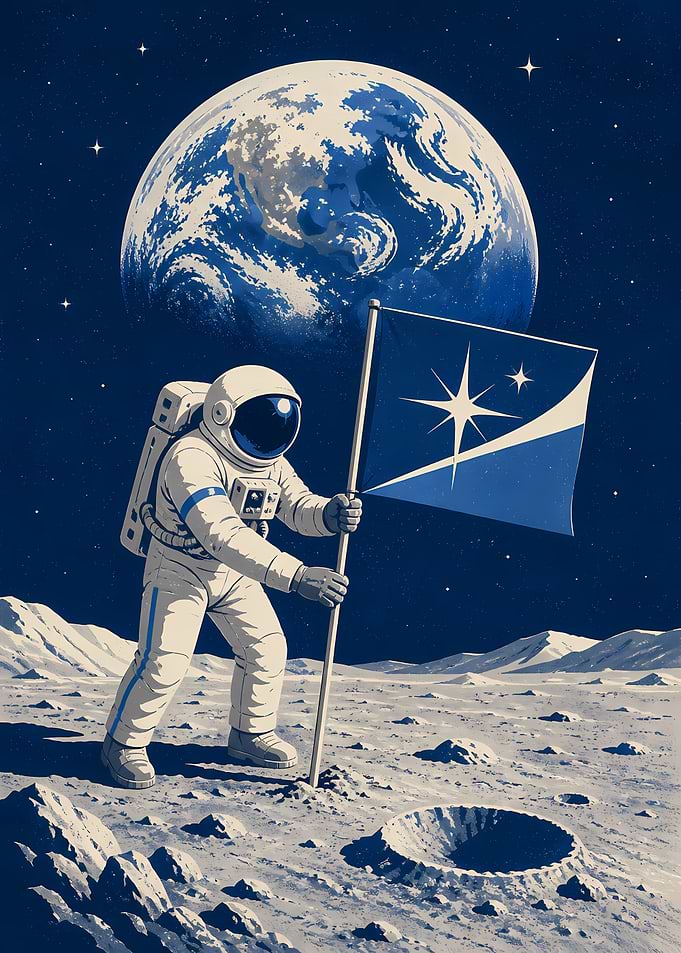 Astronaut plants flag on the moon