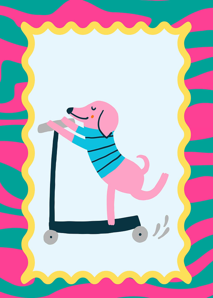 Pink Dog Riding a Scooter