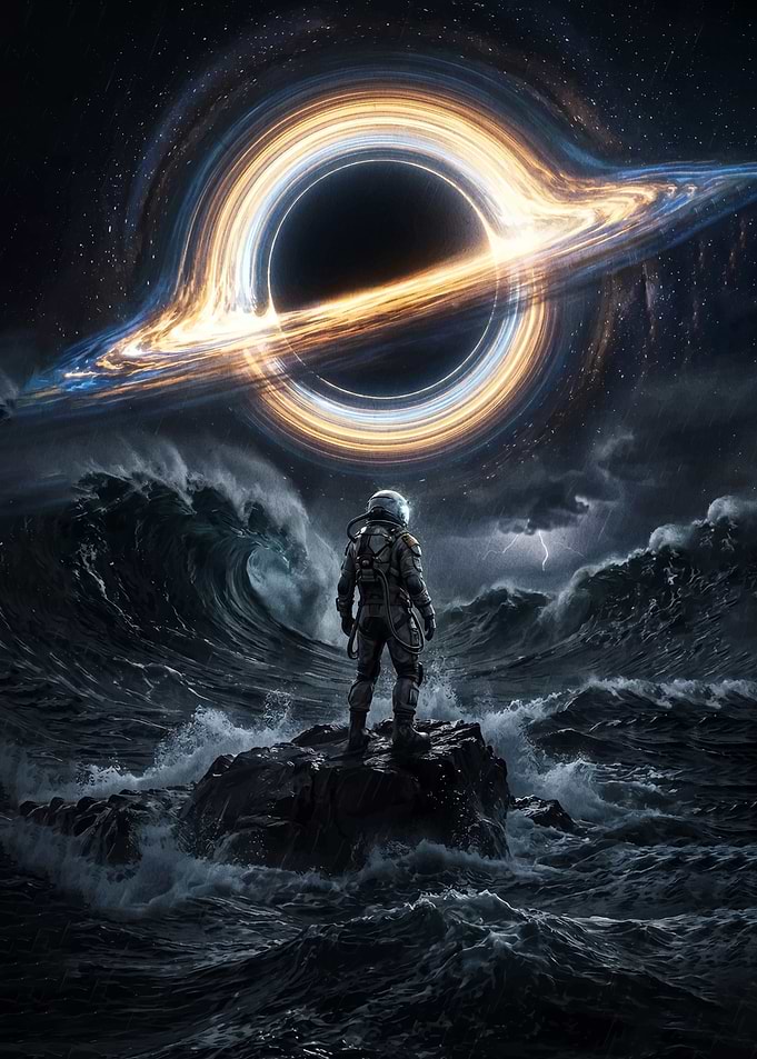 Astronaut facing a black hole