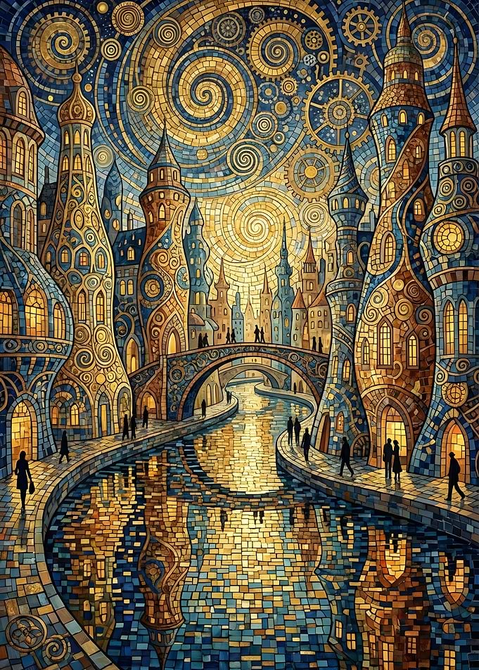 Steampunk Cityscape with Canal