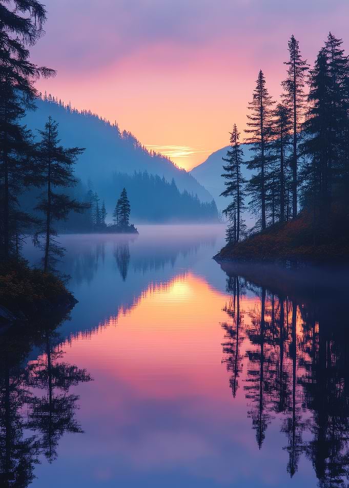 Misty Mountain Lake Sunrise Reflection