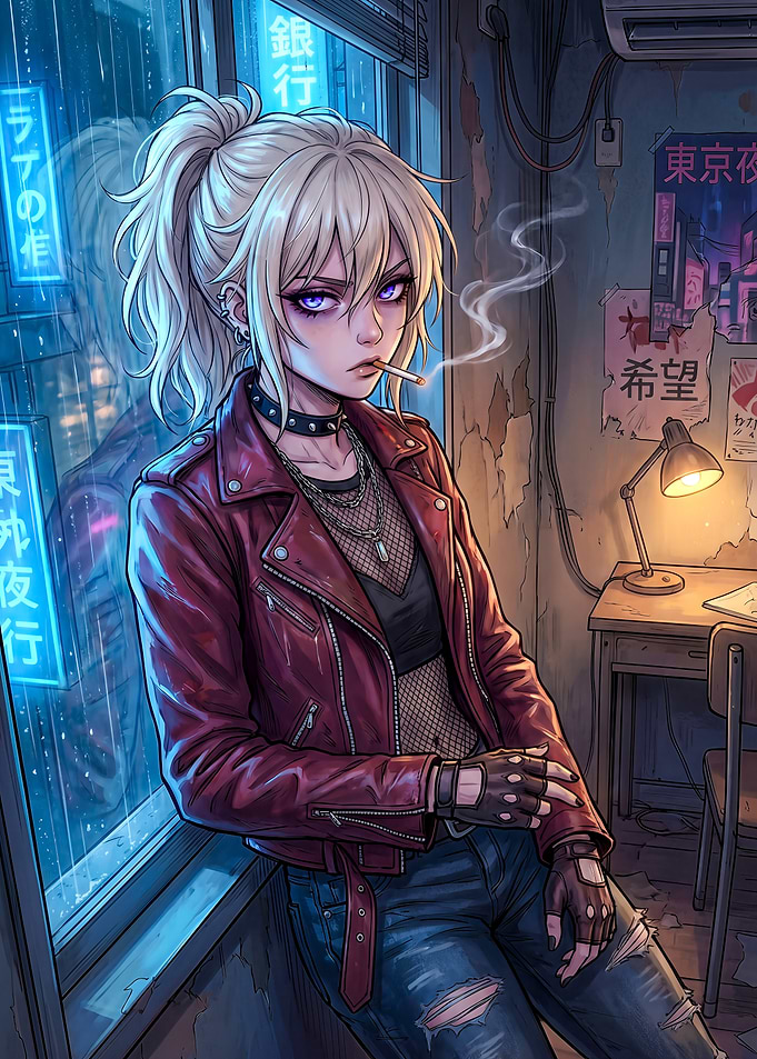 Cyberpunk Girl Smoking in Neon City