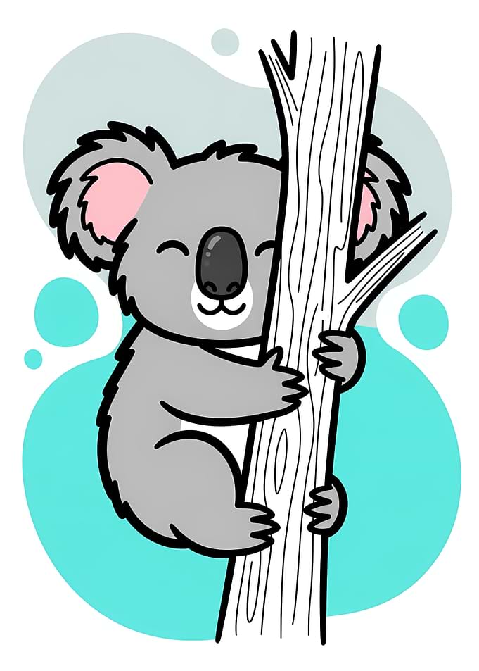 Cute Koala Hugging Tree Cartoon Illustration, Adorable Grey Koala Character Art.