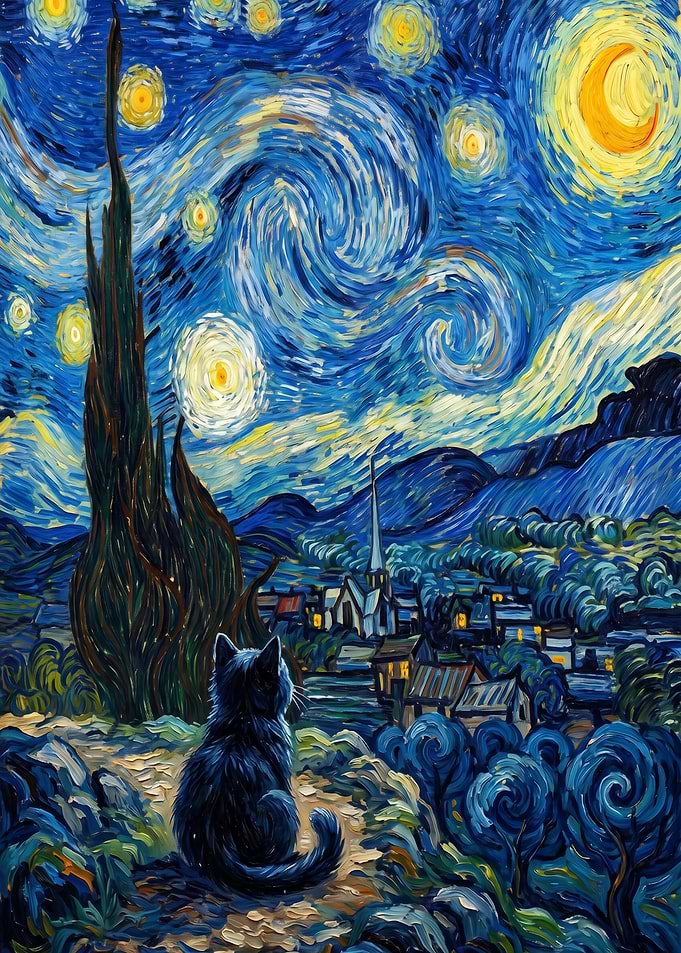 Black Cat in Starry Night