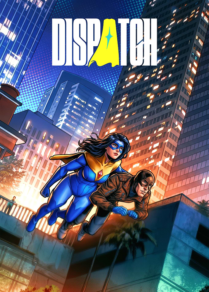 Superheroes flying over a city at night