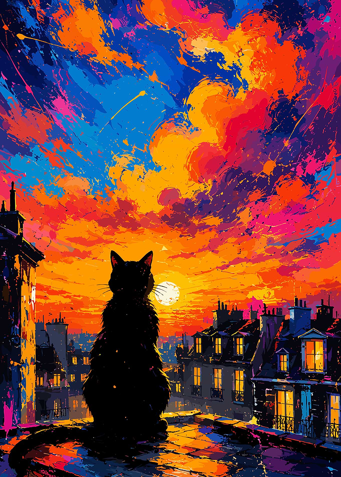 Black Cat on Rooftop at Sunset