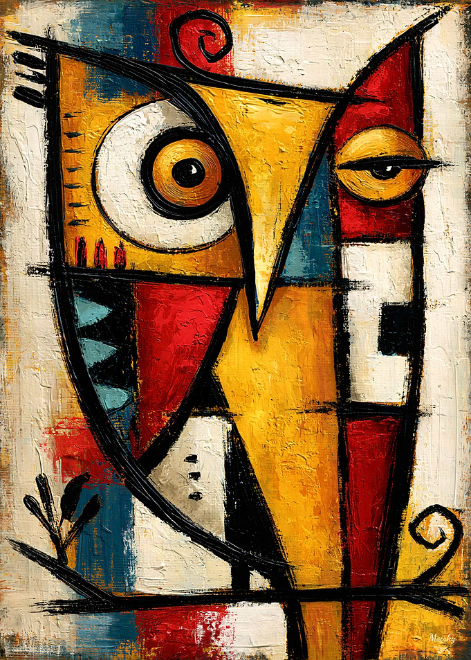 Primitive Cubist Owl Bold Abstract Wall Art