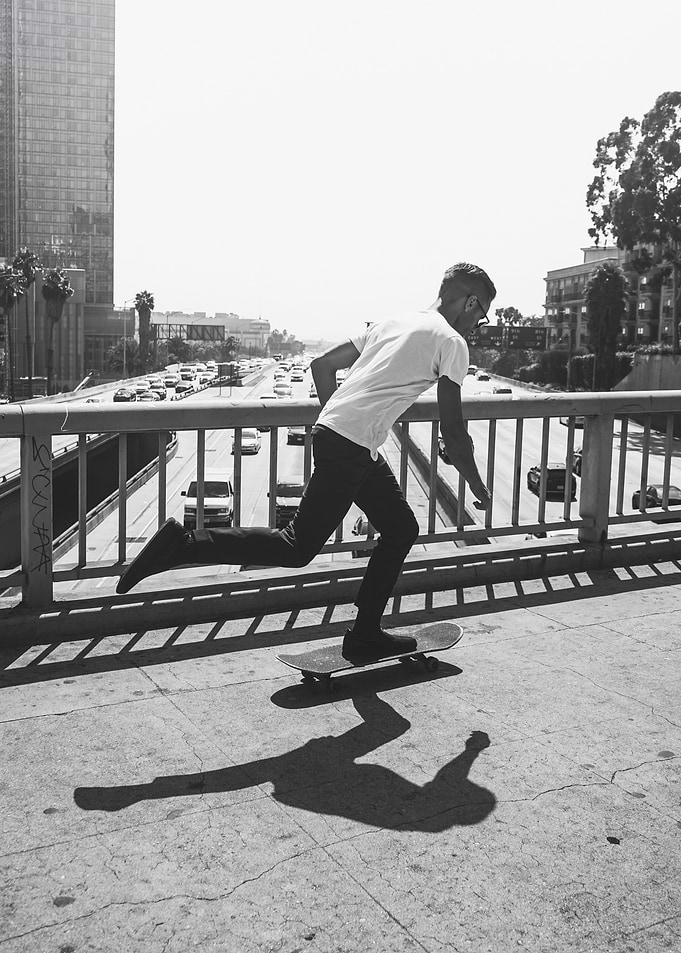 Skateboarder on a bridge in Los Angeles