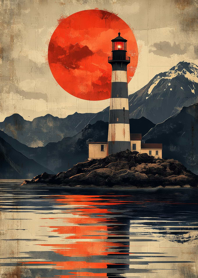 Lighthouse with Red Moon Reflection