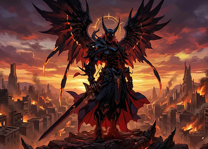 Demonic Angel Overlooking Burning City