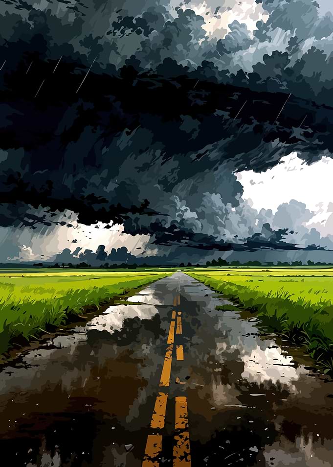 Stormy Road Through Green Fields