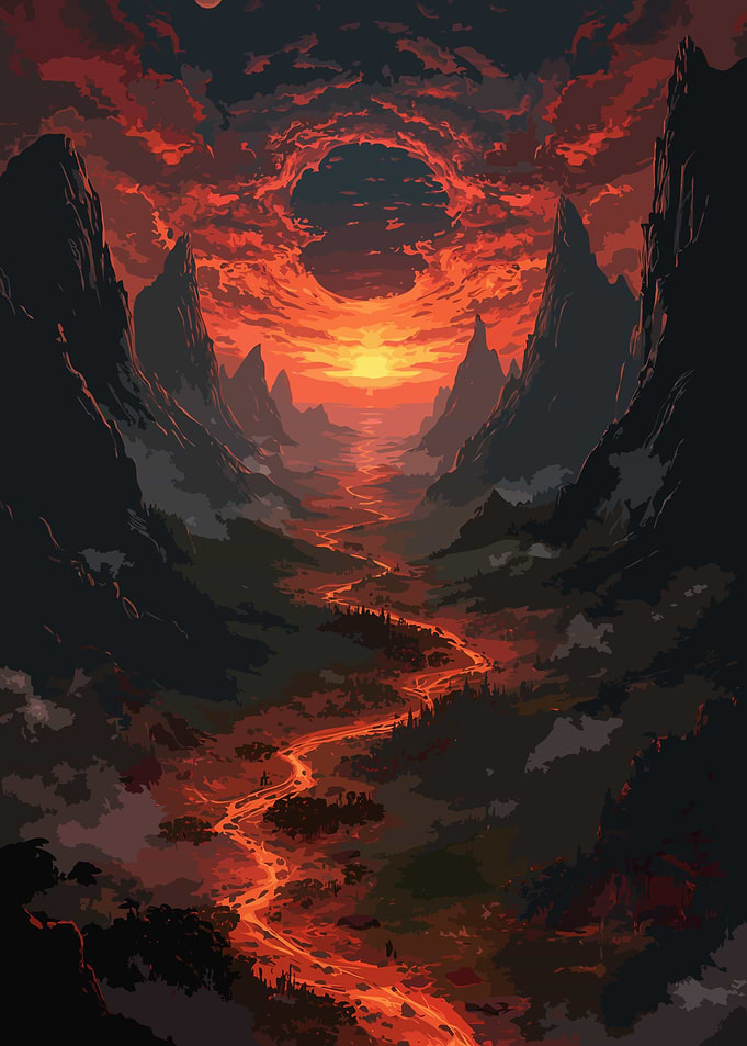 Volcanic Valley Sunset Digital Painting