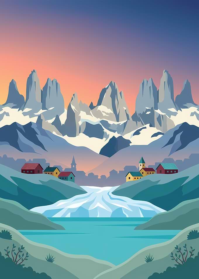 Mountain Village by a Glacier Lake
