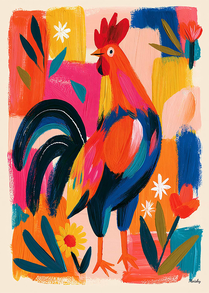 Vivid Fauvist Rooster Colorful Folk Wall Art