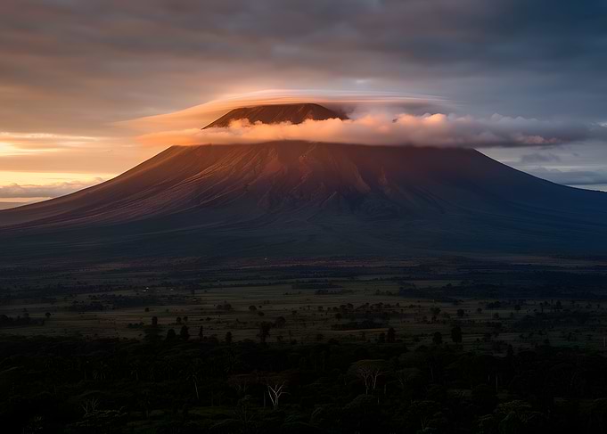 Volcano at Sunset with Lenticular Clouds