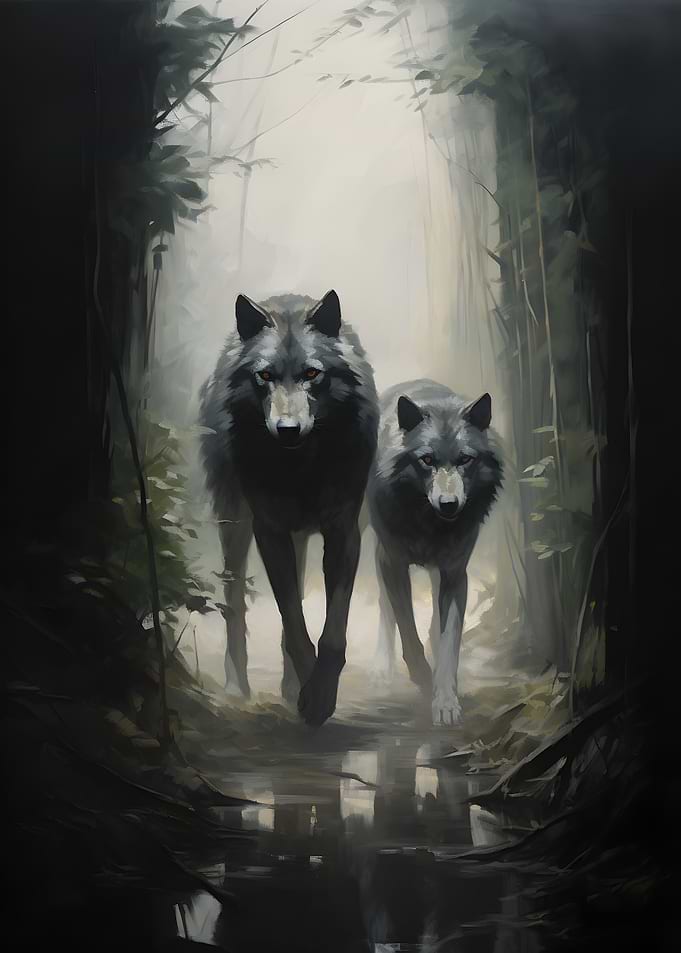 Wolves walking in a misty forest