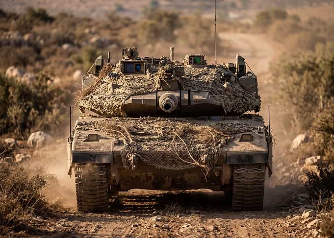 Camouflaged Tank on Dusty Road
