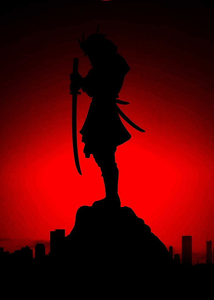 Samurai Silhouette Against Red Sky
