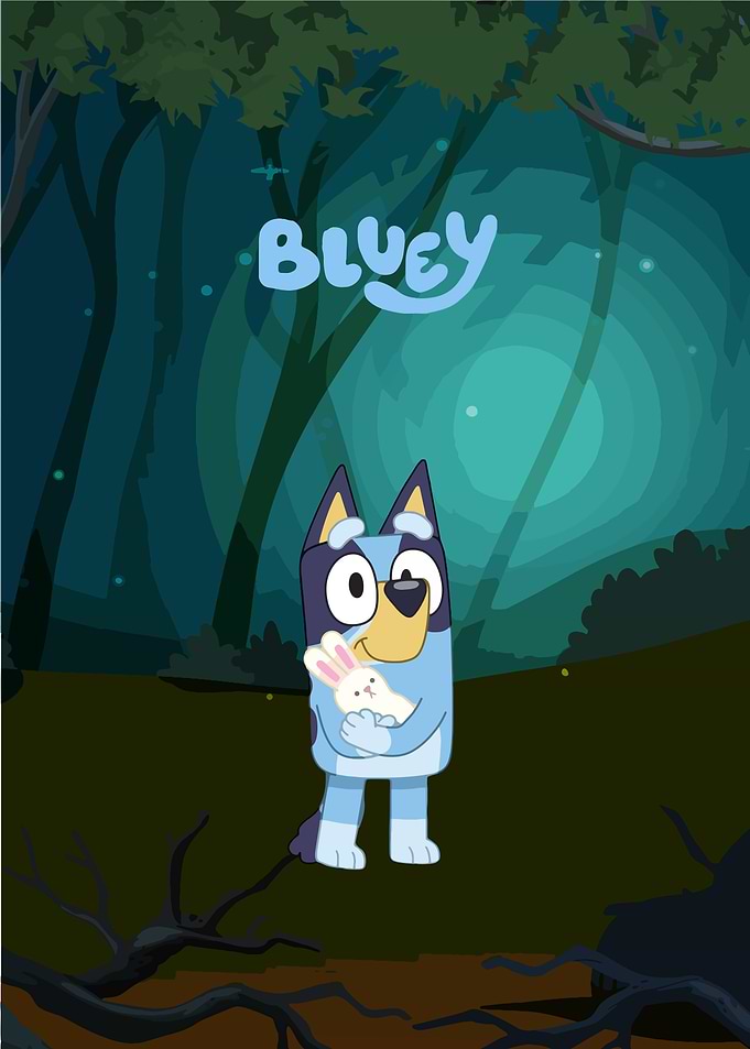 Bluey holding a stuffed bunny