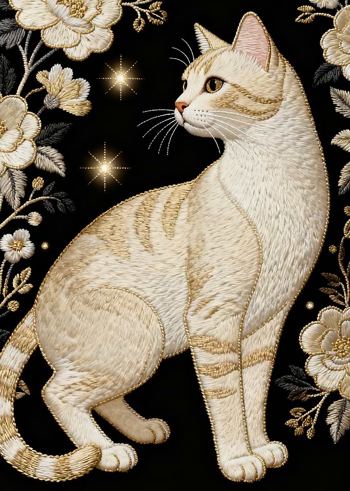 Embroidered Cat with Flowers
