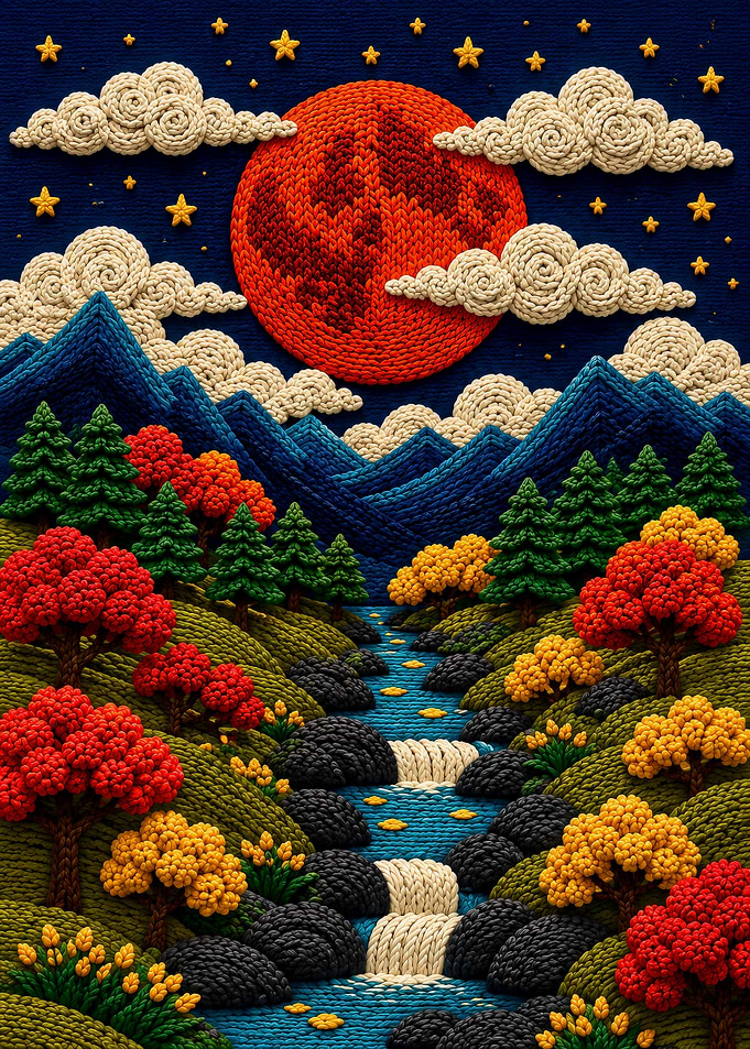 Knitted Landscape with Red Moon