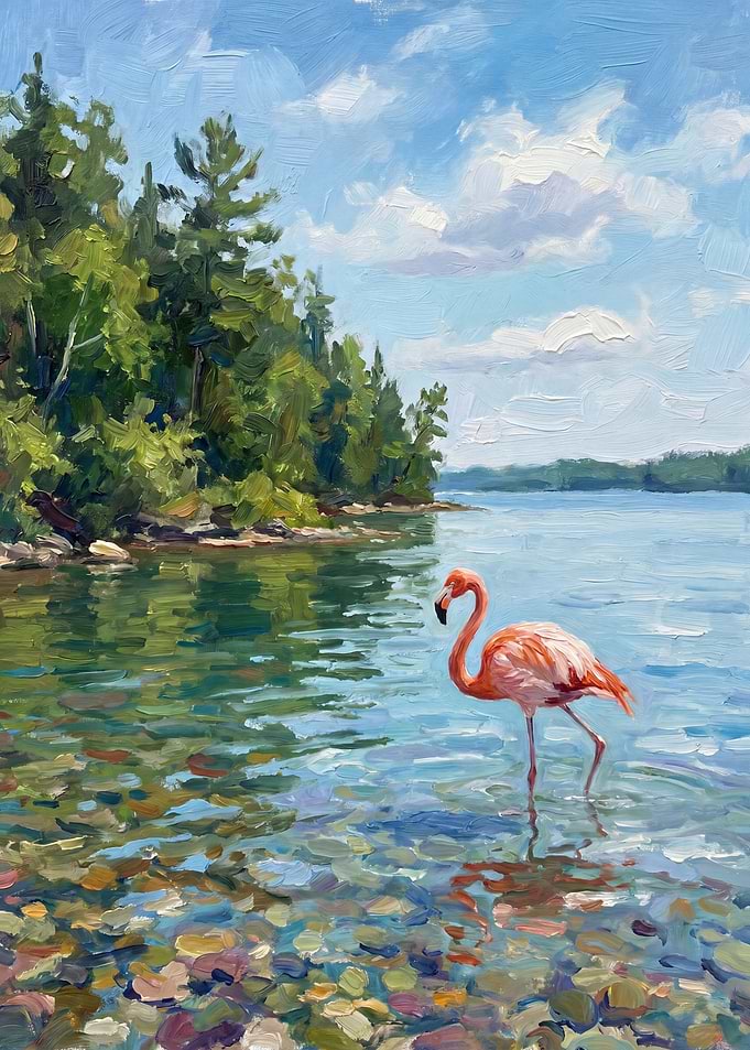 Flamingo Wades in Shallow Water