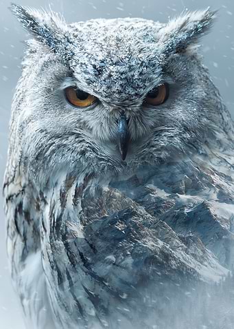 Snowy Owl with Mountain Landscape Overlay