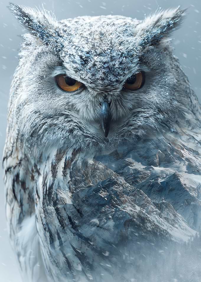 Snowy Owl with Mountain Landscape Overlay