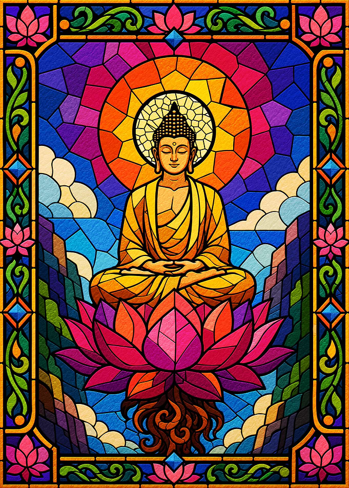 Buddha Meditating on Lotus Flower Stained Glass